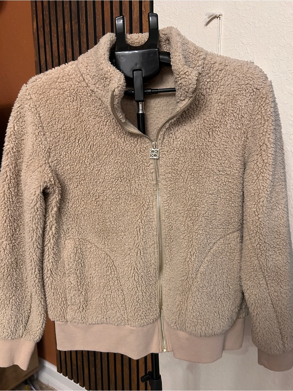 Calvin Klein Taupe Teddy Fleece Zip Jacket with CK Logo Pull